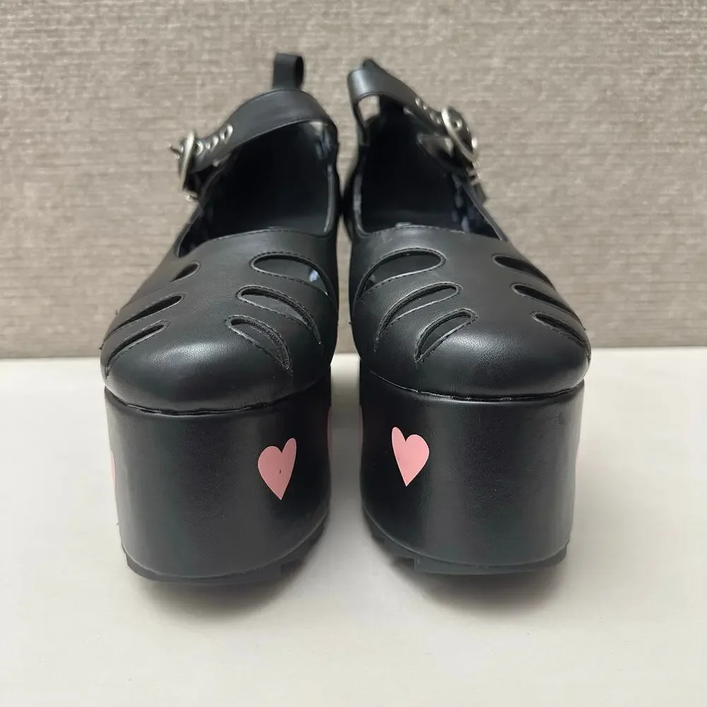 Dolls Kill LAMODA Hung Up Black Chunky Platform Heels Pink Heart 9 Lolita Goth